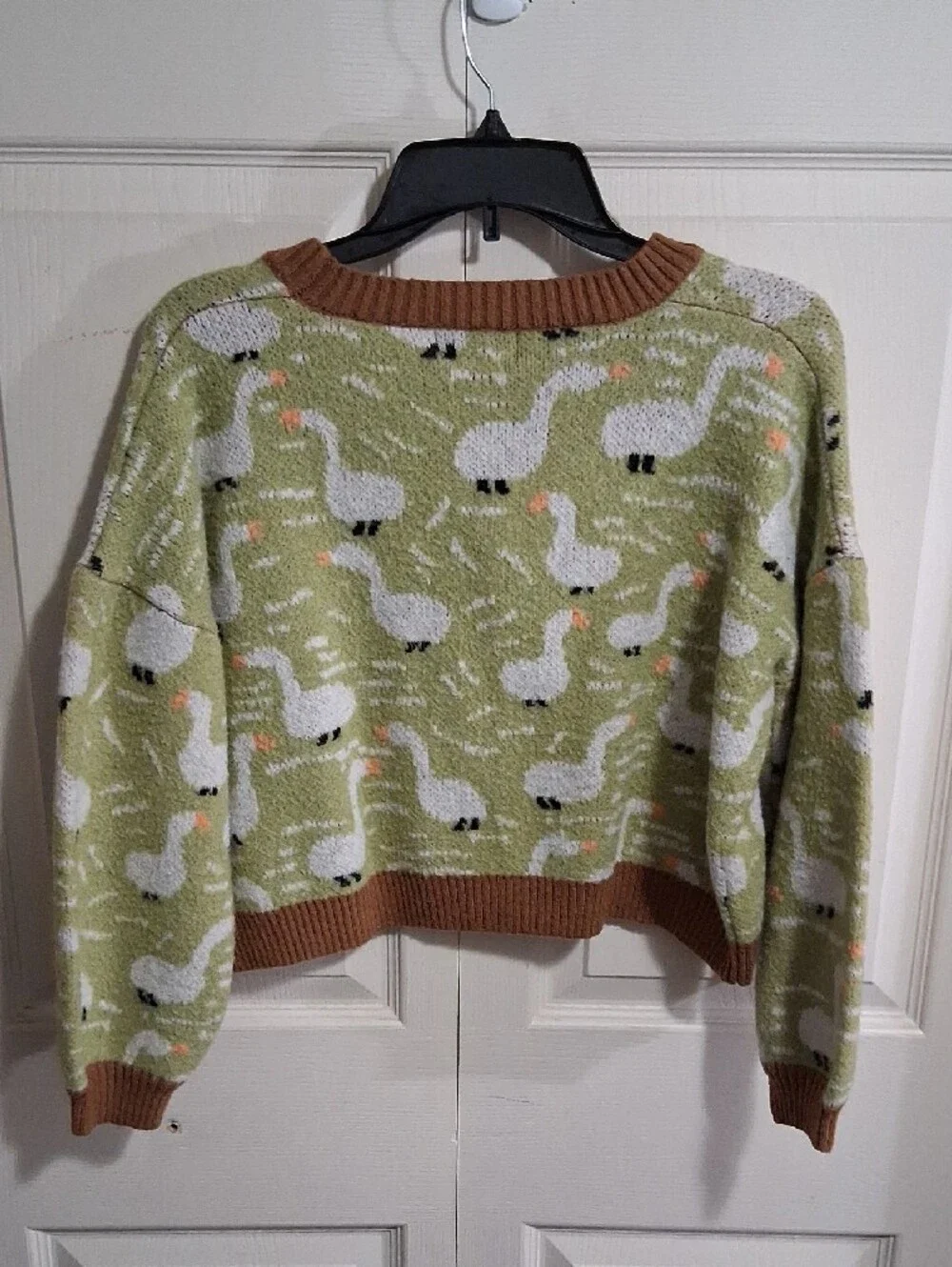 Cider Light Green Swan-Print V-Neck Cropped Cardigan with Brown Ribbed Trim - S